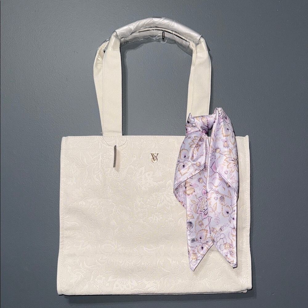 Victoria's Secret Floral Embossed Ivory Tote Bag Lavender Scarf Logo Ltd Edition